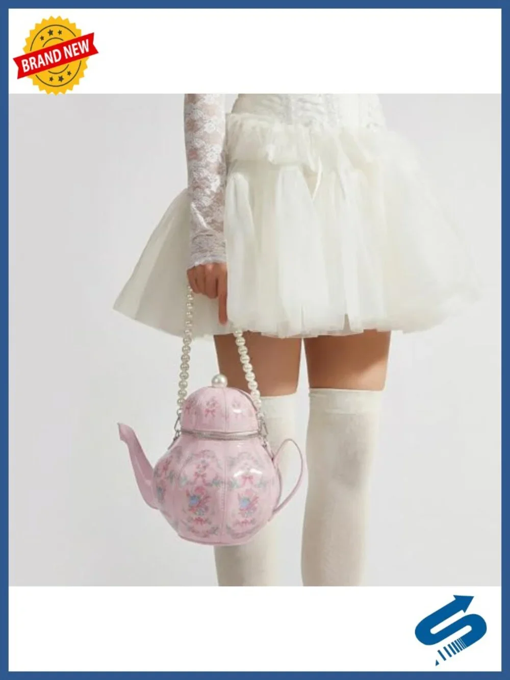 Novelty Teapot Shaped Purse, Faux Leather Floral Handbag with Pearl Chain,